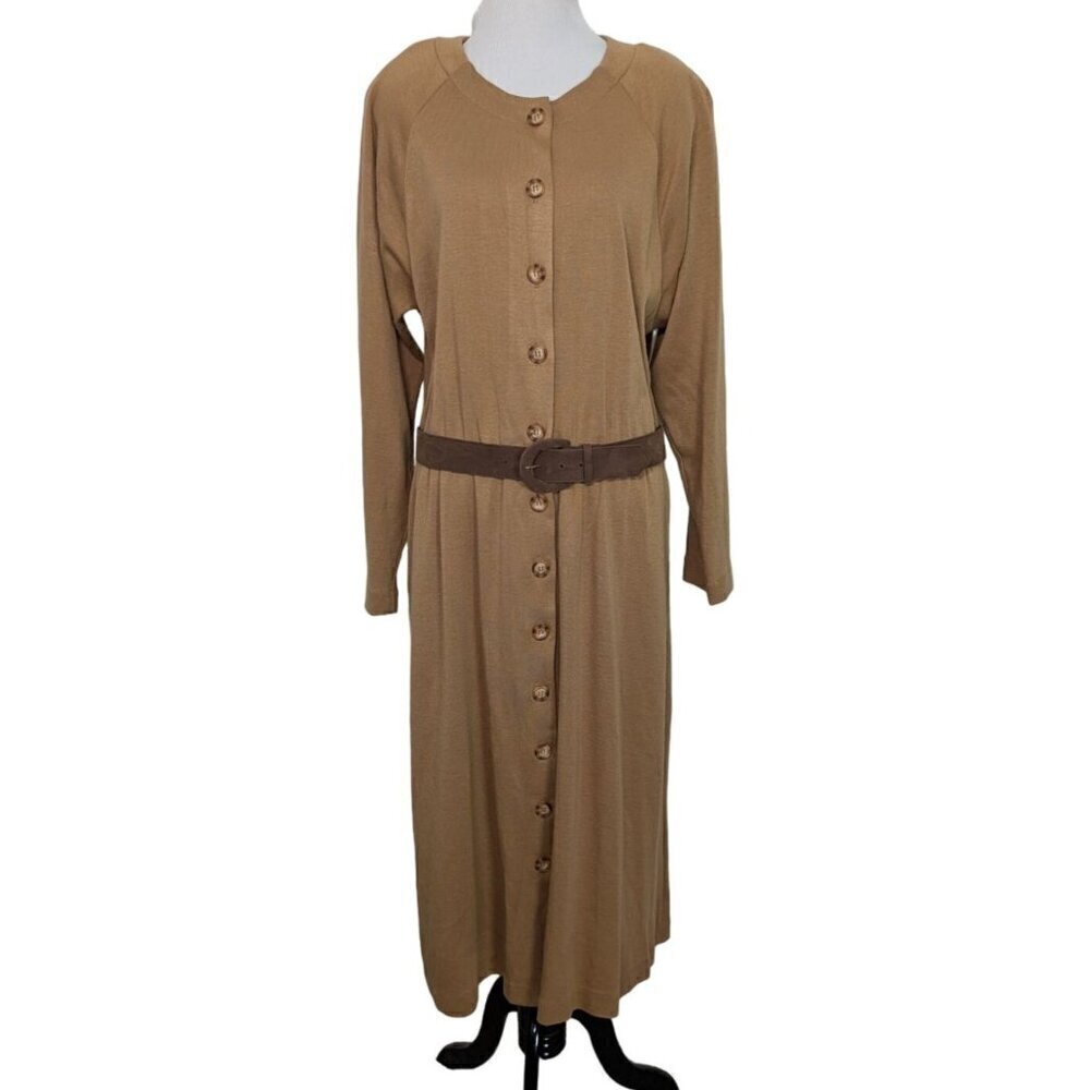 Vintage Orvis Shirt Dress Womens Size Large 16 Belted Camel Western Boho Maxi